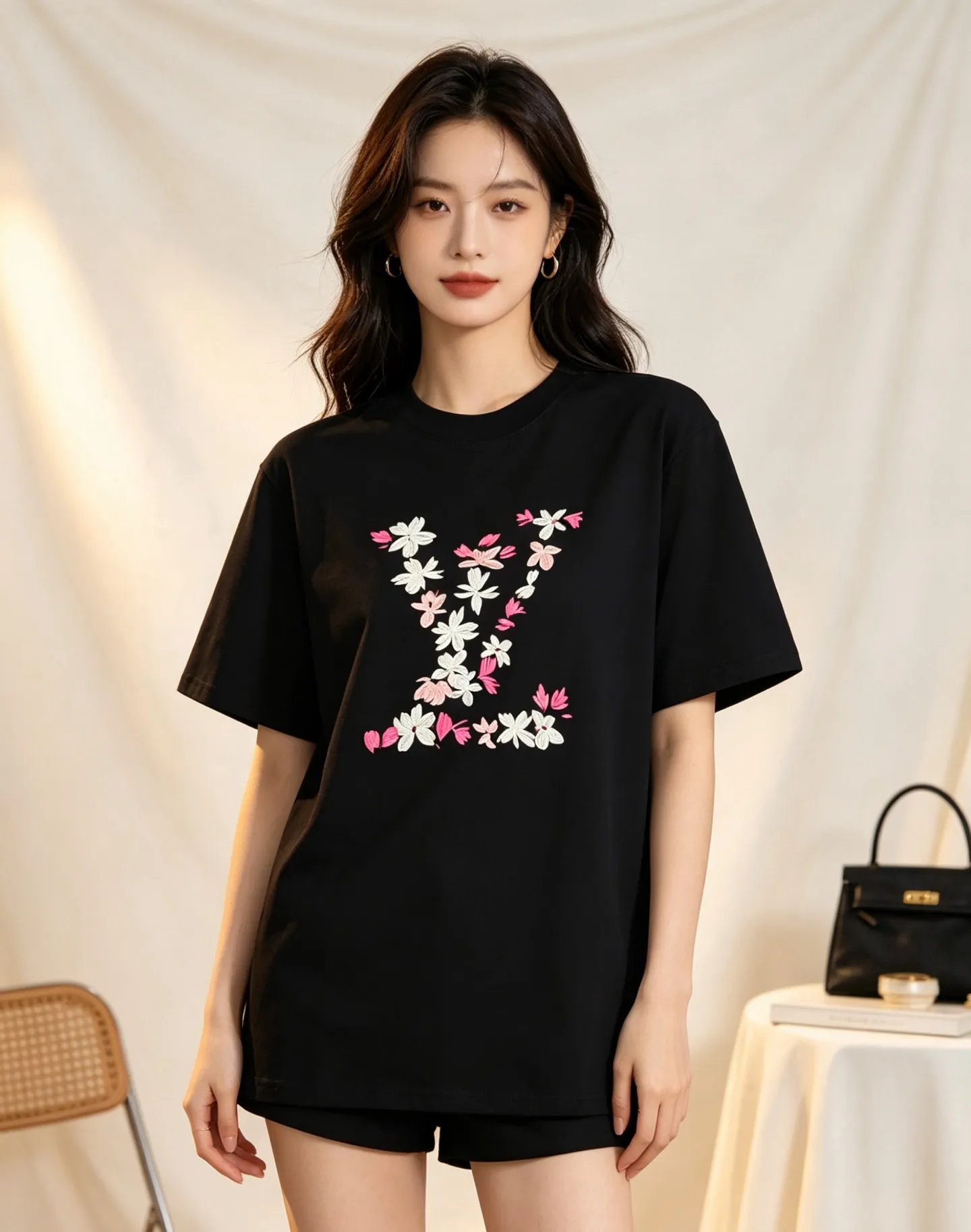 Louis Vuitton/Louis Vuitton 26ss cherry blossom embroidered LV logo short sleeves